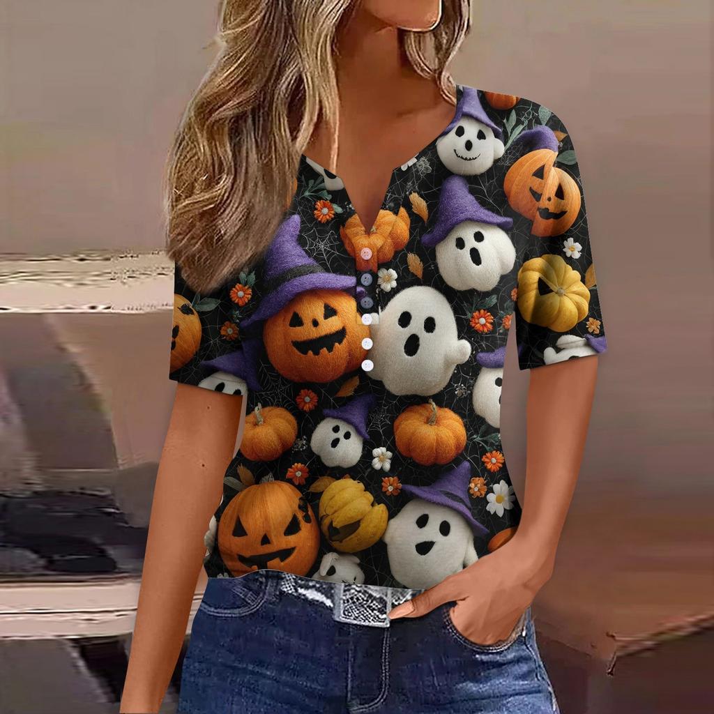 Dames T-skjorte Tee Halloween Trykket Knapp Kortermet Tunika Daglig Helgemote Basic V-hals Vanlig Topp