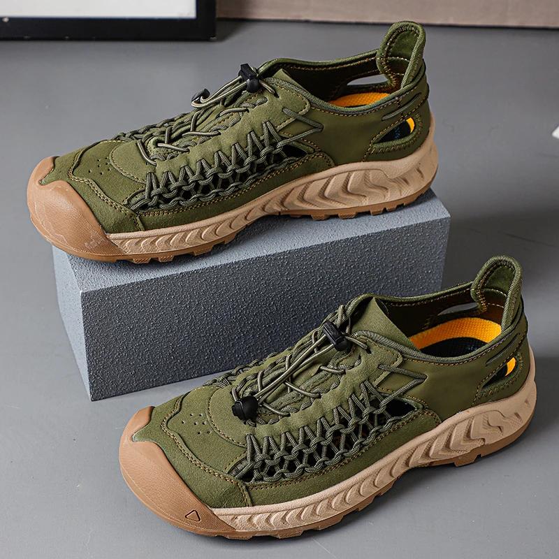 Fashion Casual Leather Men's Sandals New Wear-resistant Summer Flats Breathable Simple Men Beach Shoes Hollow Out Hand-stitching Sandaly