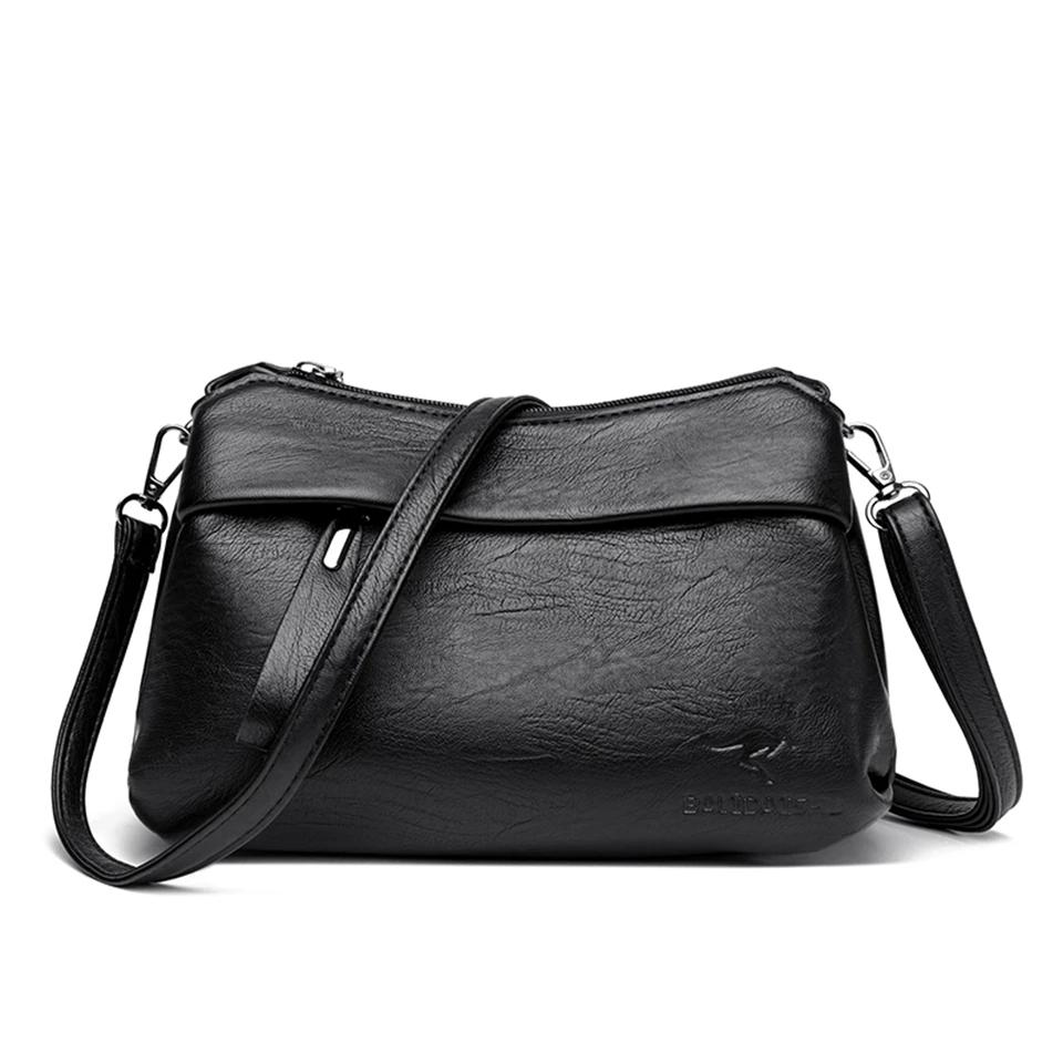 Women's Black Crossbody Bag with Embossed Kangaroo Logo Three Main Compartments Leather Shoulder Bag