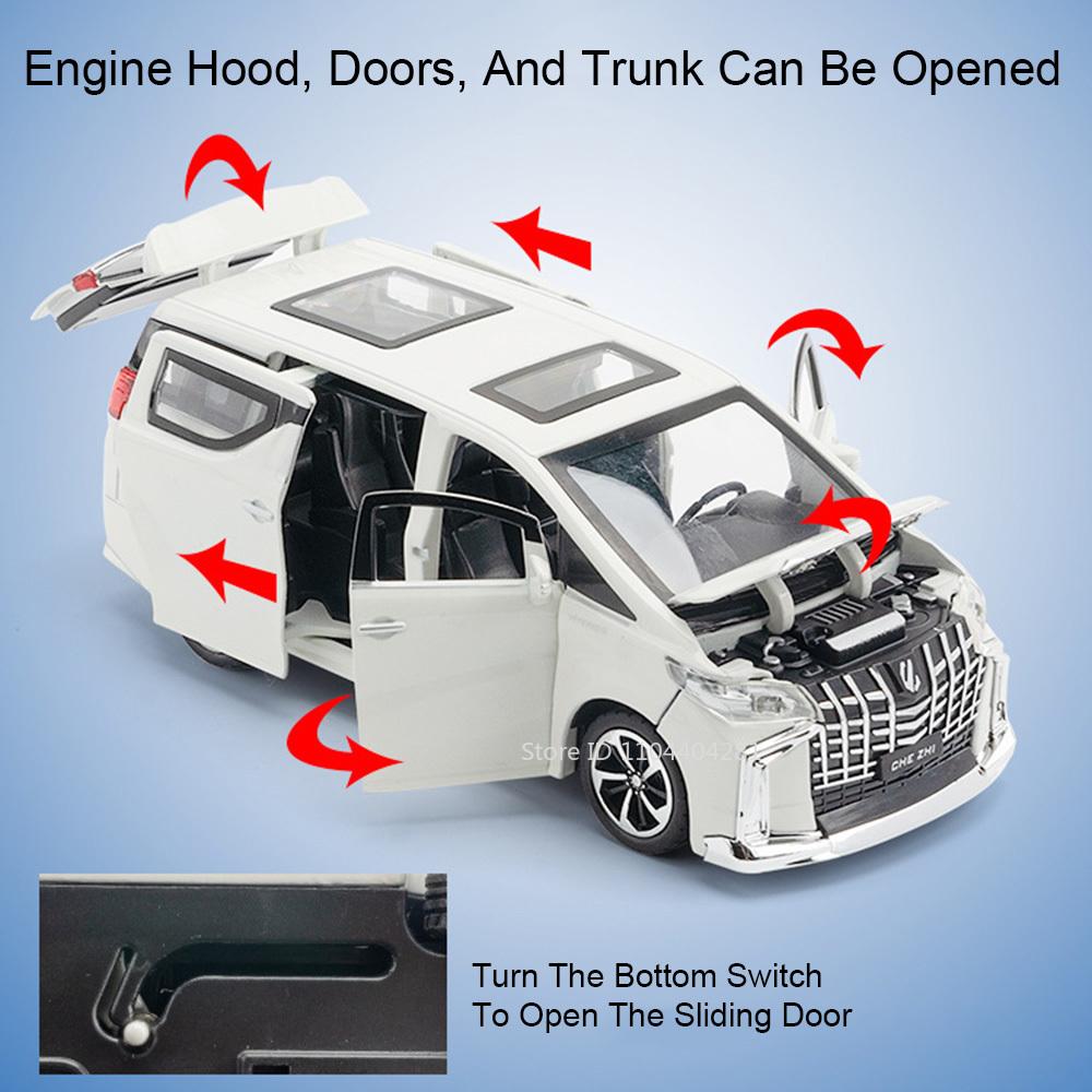 1:32 Alphard Coaster Miniature Model Toys Diecast Alloy Car Doors Opened Sound Light Pull Back Trendy Ornaments for Friend Gifts