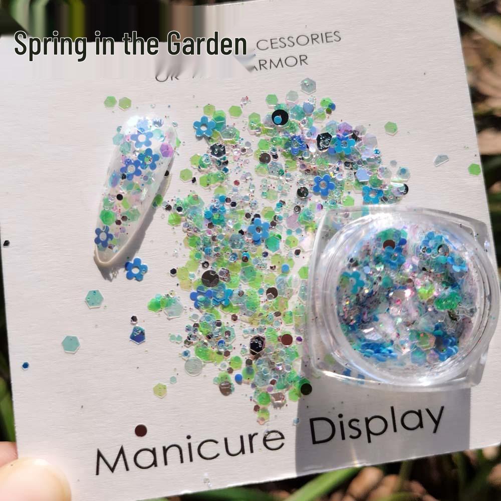 

Синие Ретро Цветочные Корейские Милые Короткие Ногти с Разноцветными Блестками