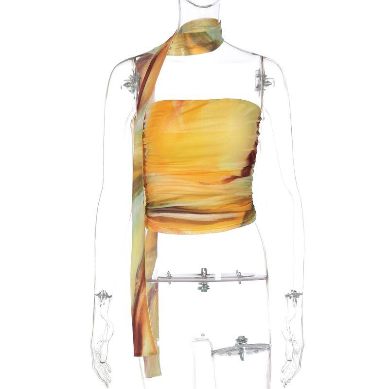 

Shemoda Fashion Style Tie-Dyed Print Double-Layer Mesh off-Neck Elastic Silm Tube Top Tops Women s Ribbon Ribbon Yellow L