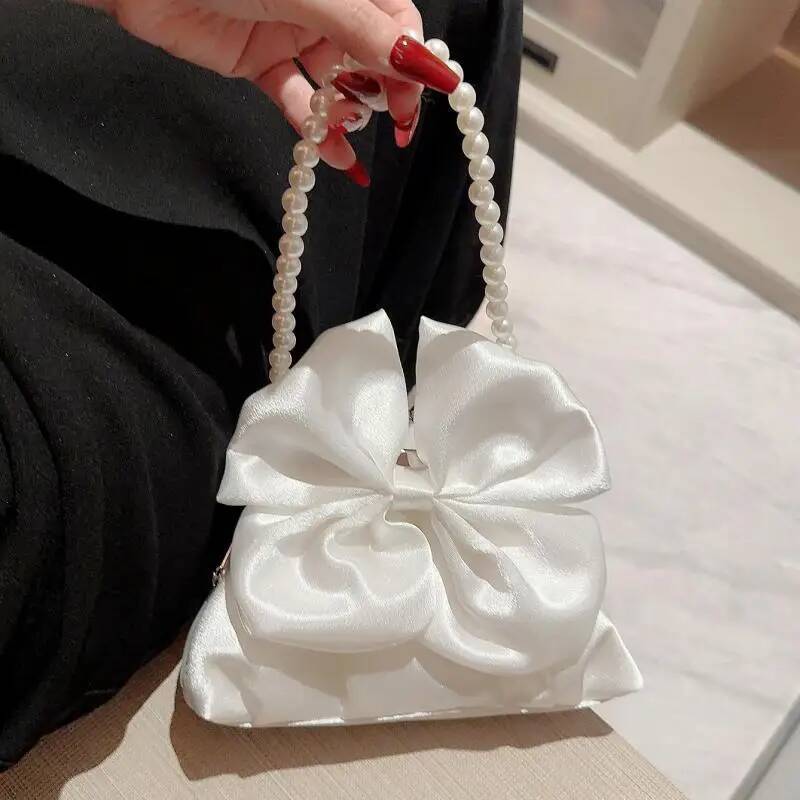 High Quality White Women Bow knot Purse Handbag Evening Party Bag Satin Clutch Bags For Wedding Prom Party Purse