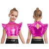 Kids Dance Shirt Metallic Mock Neck Mesh Patchwork Rhinestone Ruffle Crop Top with Press Buttons