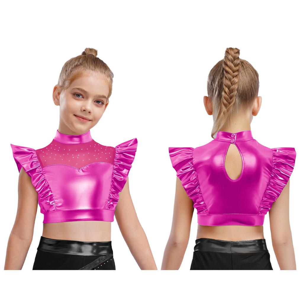 Kids Dance Shirt Metallic Mock Neck Mesh Patchwork Rhinestone Ruffle Crop Top with Press Buttons