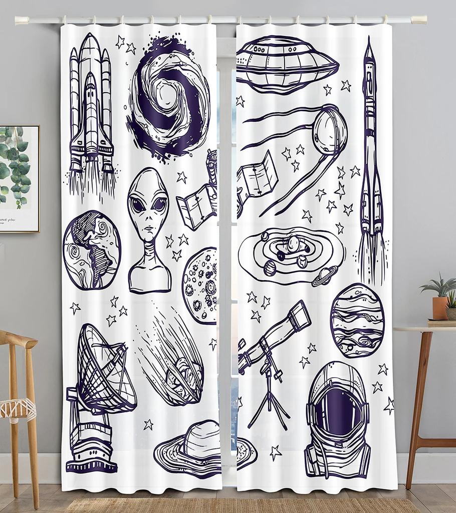 Spaceman Astronaut 3D Printed Thin Curtain for Boys and Girls, Space Galaxy, Cosmonaut, Children's Bedroom Window Curtain