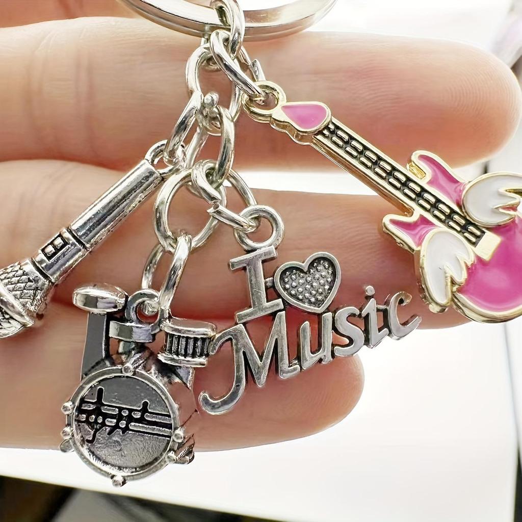 Music Lover Keychain: Drum Kit, Musical Notes & Microphone Pendant