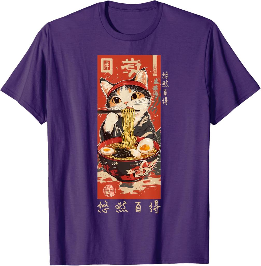 Ramen Cat Eating Noodles Japanese Ukiyoe Style Graphic Tee Casual Cotton TShirt for Men