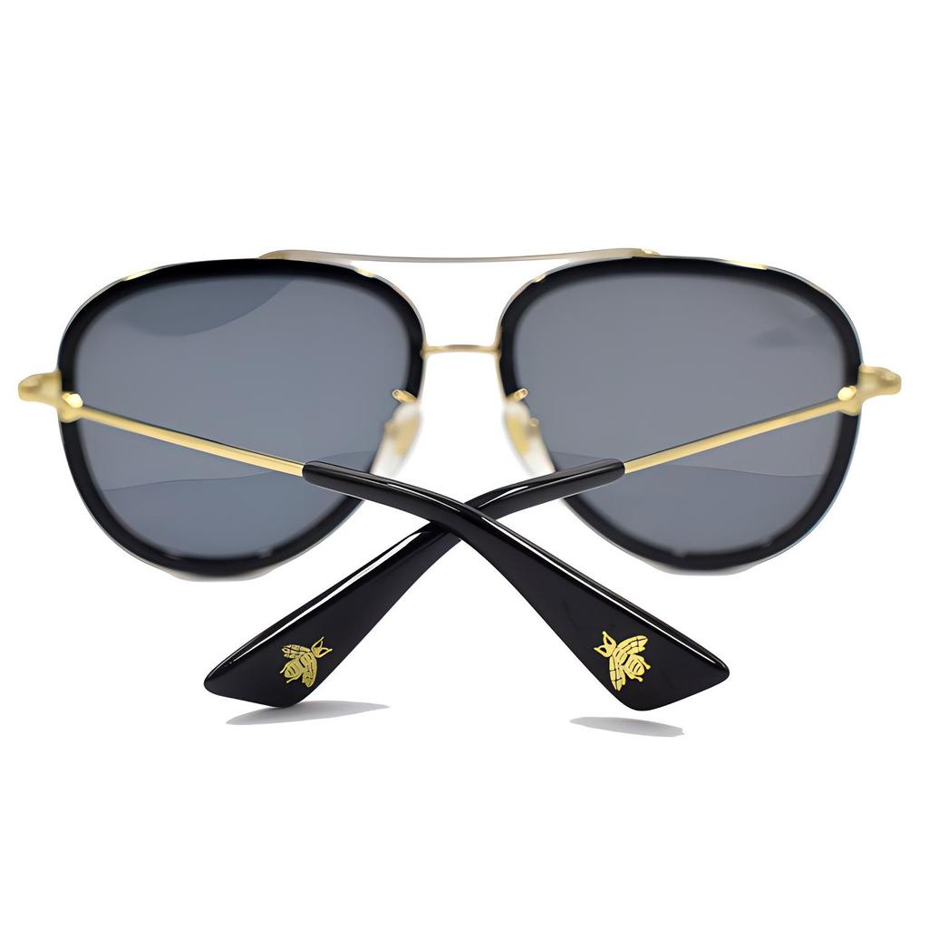 Men's Gucci Metallic Side Small Bee Series Business Travel Version Lens Aviator Sunglasses Gold Color GG0062S-001
