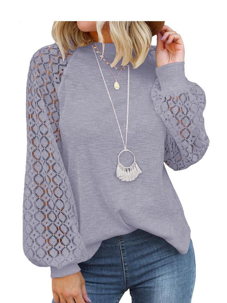 2025 Women's Lace-Trimmed Round Neck Long-Sleeve Loose Top