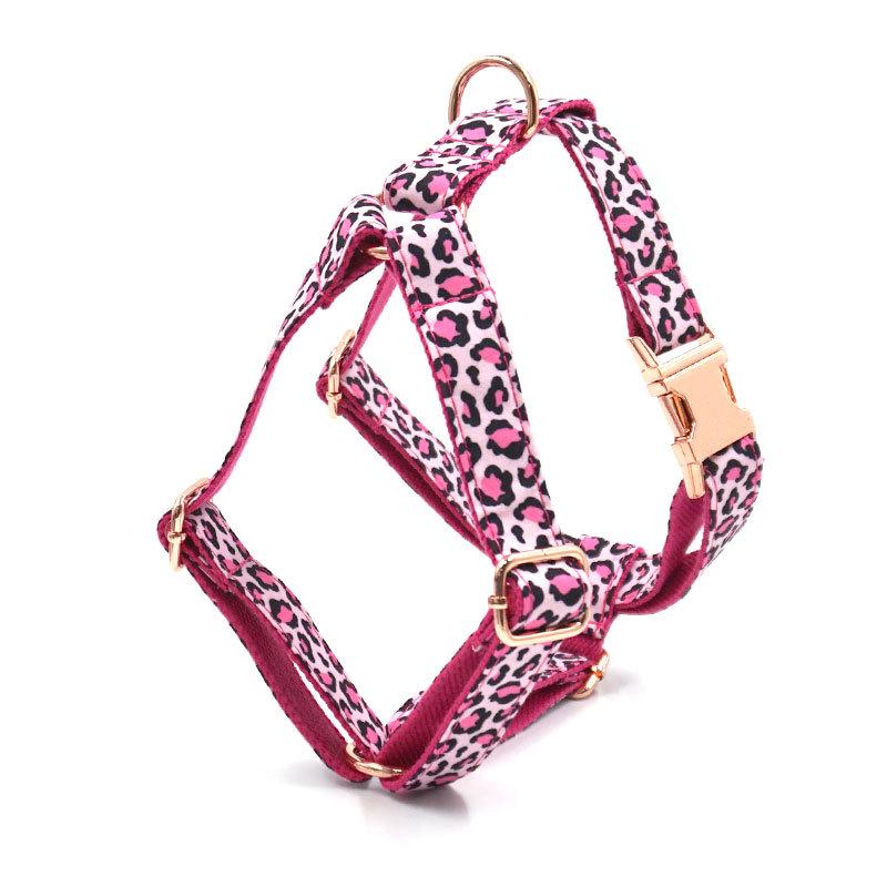 Pink Leopard Print Pet Harness with Engravable Rose Gold Buckle Large