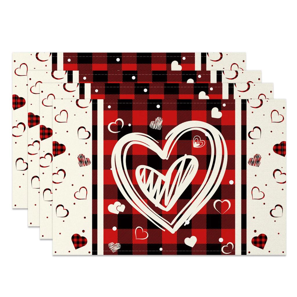 Heart Shape Placemats Romantic Love Pattern 4pc Linen Dining Mats Heat Resistant Valentine's Day Wedding Anniversary Party Decor