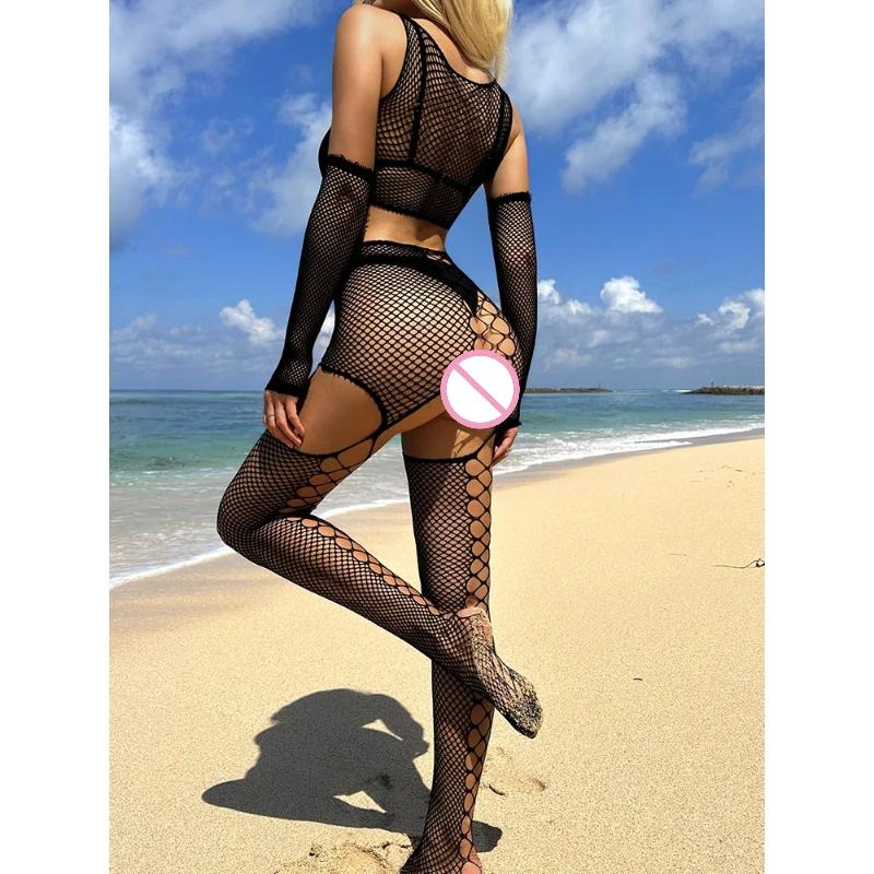 Women Fishing Net Jumpsuit Sexy Hollow Out Transparent Long Sleeved Mesh Open Crotch Bodysuit See-Through Erotic Sleepwear