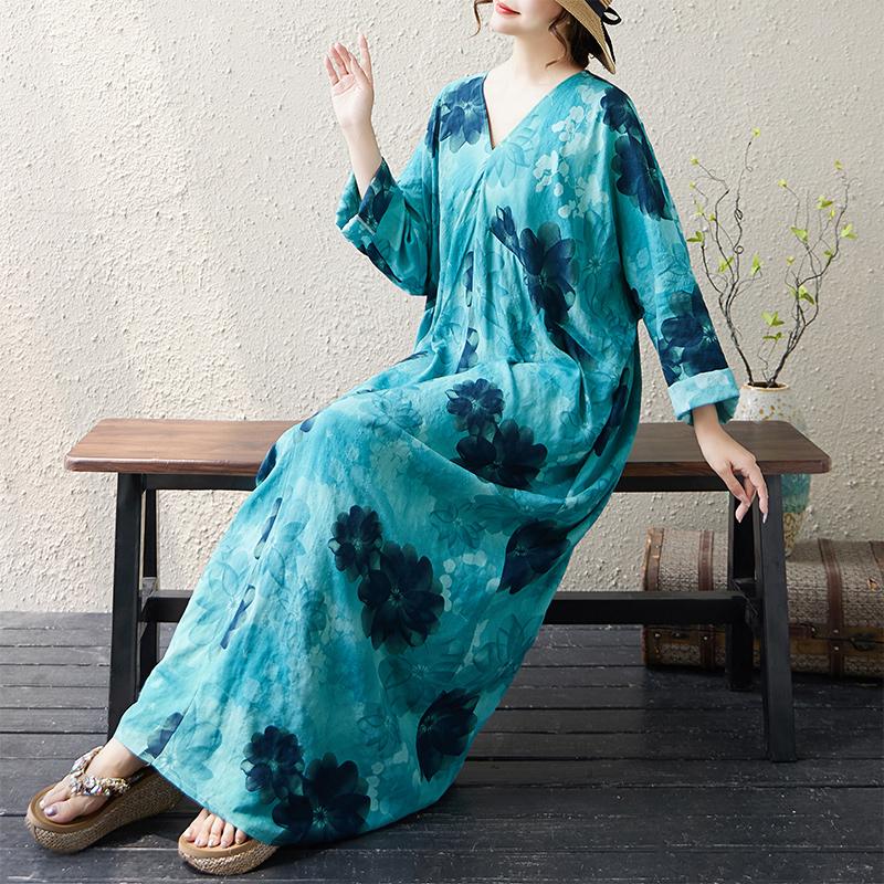 Dimanaf 2025 Women Plus Size Spring Long Dress Loose Basic Printing Vintage Casual Floral Oversize Long Sleeve Maxi