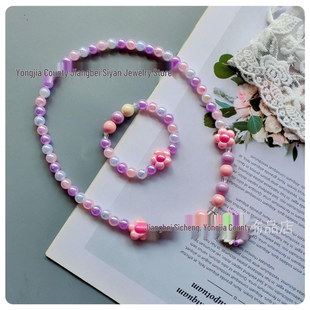 Kids' Colorful Candy Bead Necklace & Bracelet Set with Flower & Unicorn Design