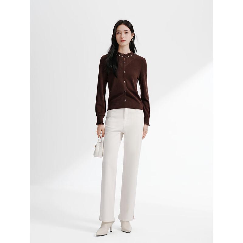 JUZUI Elegant Ruffle-Neck Cut-Out Wool Blend Knit Sweater