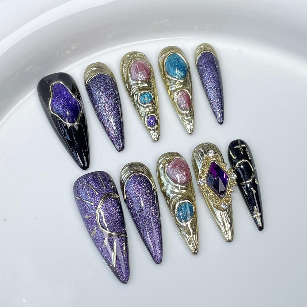 Handmade Y2K Metallic Gradient Luxury Long Stiletto Reusable Press On Nails Artificial Tips
