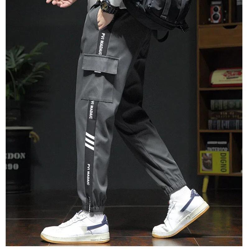 Spring Autumn Drawstring Waist Casual Fashion Cargo Pants Men Streetwear Contrast Trousers