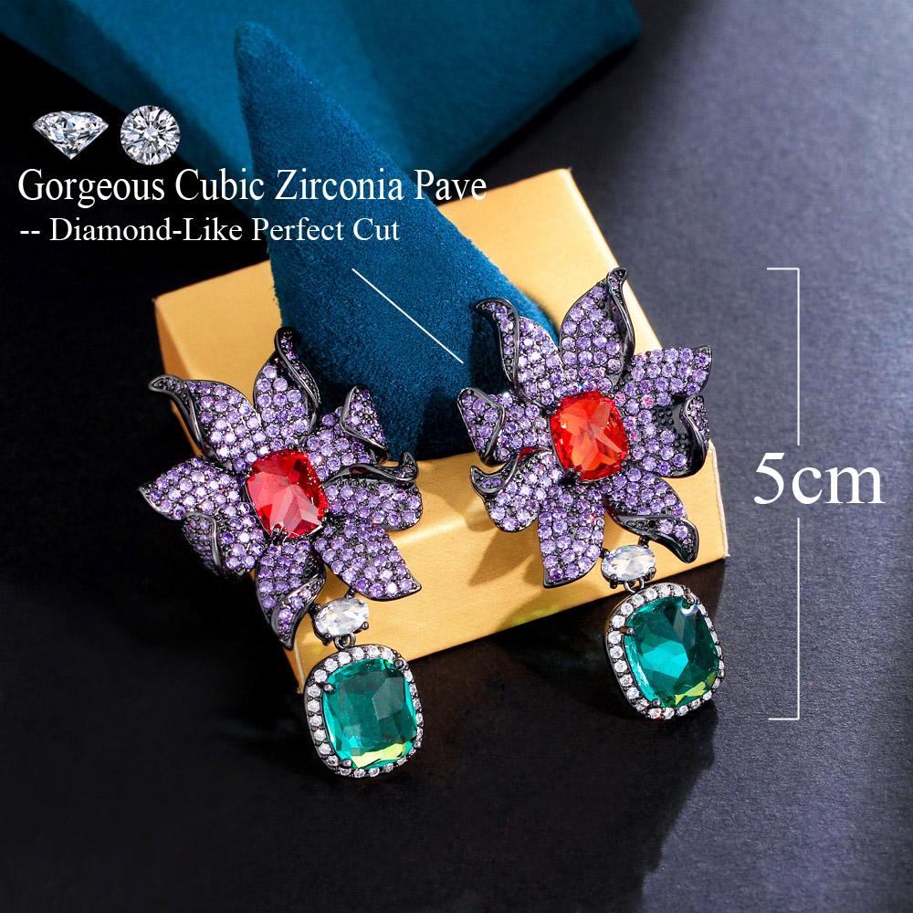 CMM Micro Paved Blue Cubic Zirconia Long Big Geometric Flower Drop Earrings Gold Color Bridal Dress Wedding Jewelry