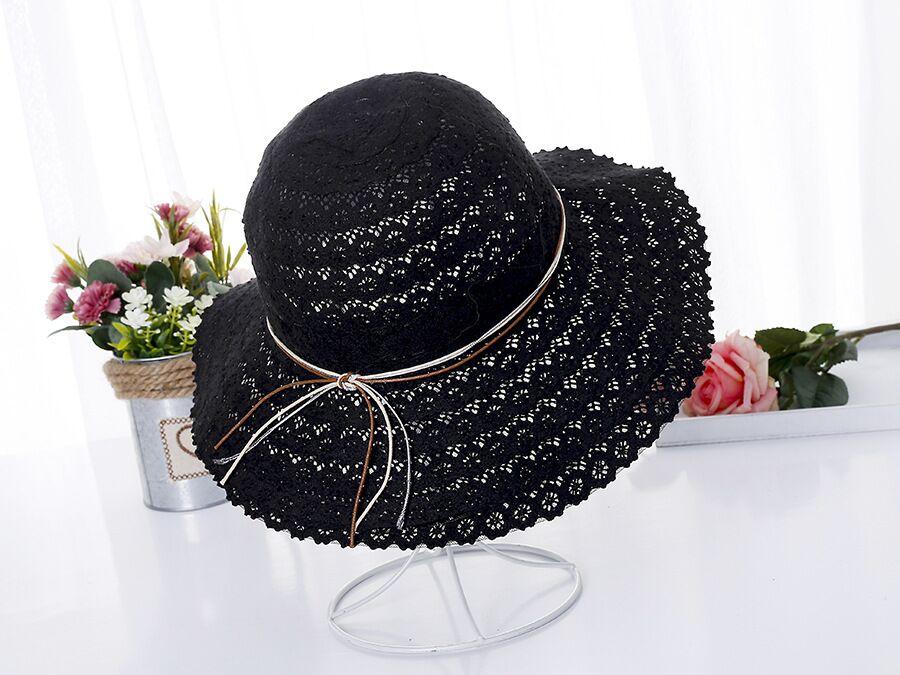 Summer Foldable Cotton Beach Bow Sun Hats For Women Fashion Floppy Elegant Beach Visor Hat Ladies Lace Hollow Straw Hat