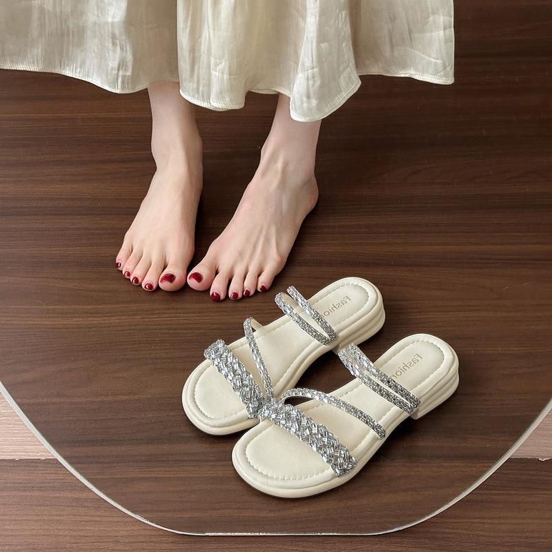 With Fashionable Square Head High Heels Thick Heel Slippers Rhinestone 2025 Summer New Thin Belt Wear Cool Slippers Women