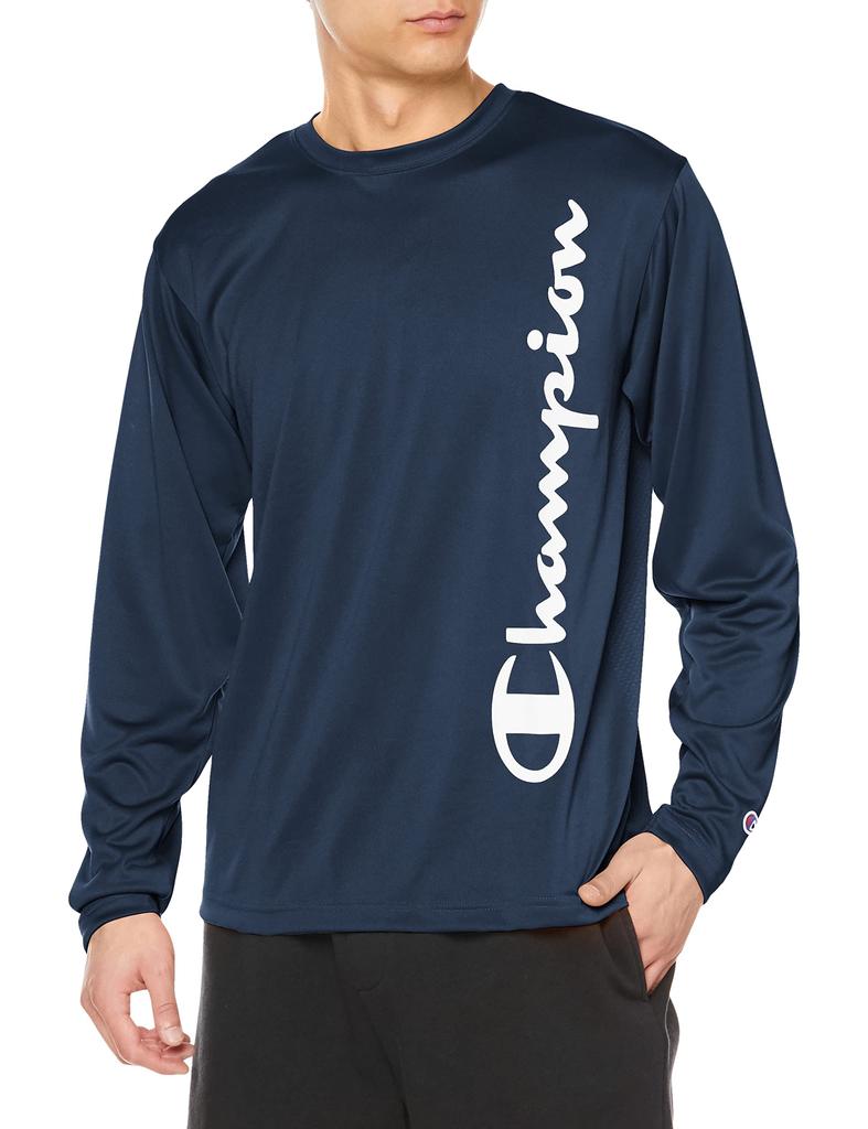 Champion Pánské tričko s dlouhým rukávem a kulatým výstřihem s UV ochranou, rychleschnoucí, s logem, tmavě modré, velikost L, (C3-XS401)