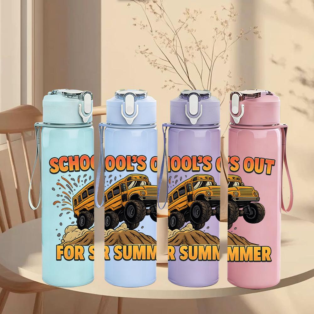 1PC School Out Summer Truck Graphic,750ml Color Plastic Sports Water Bottle,Leakproof Flip Straw Lid,Suitable for Sports Office Home Use
