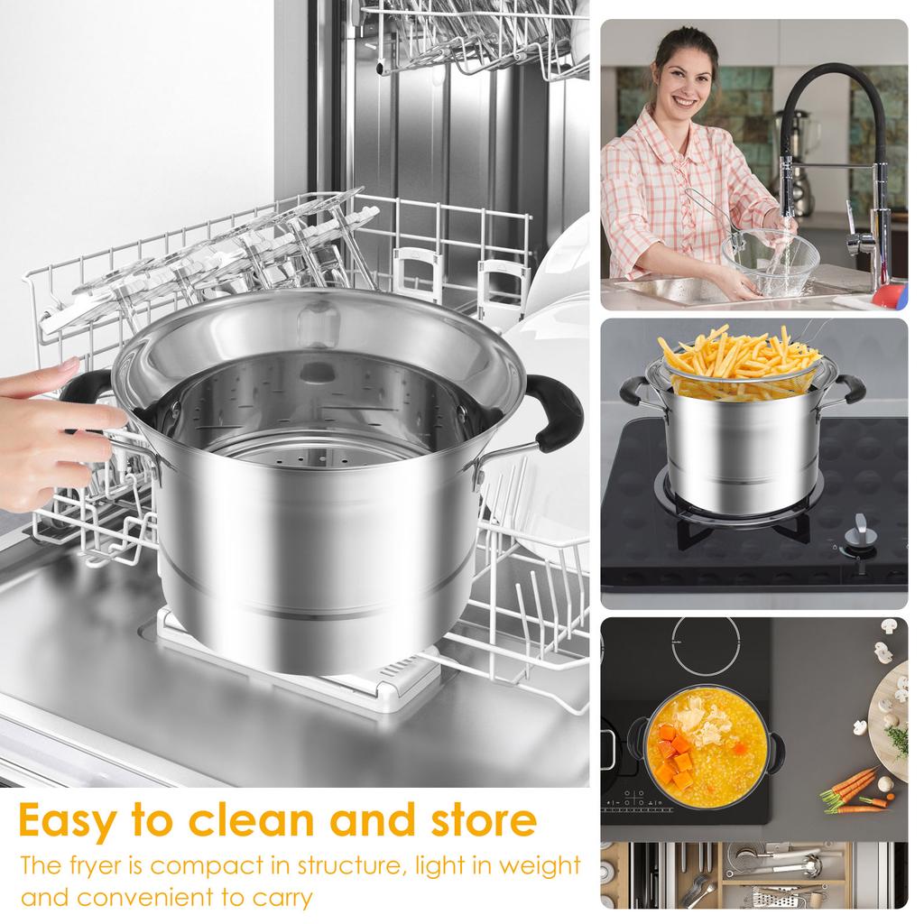 Deep Fryer Pot Stainless Steel Fryer Pots Multi-functional Deep Frying Pot with Strainer Basket for Cooking Kitchen Accessories