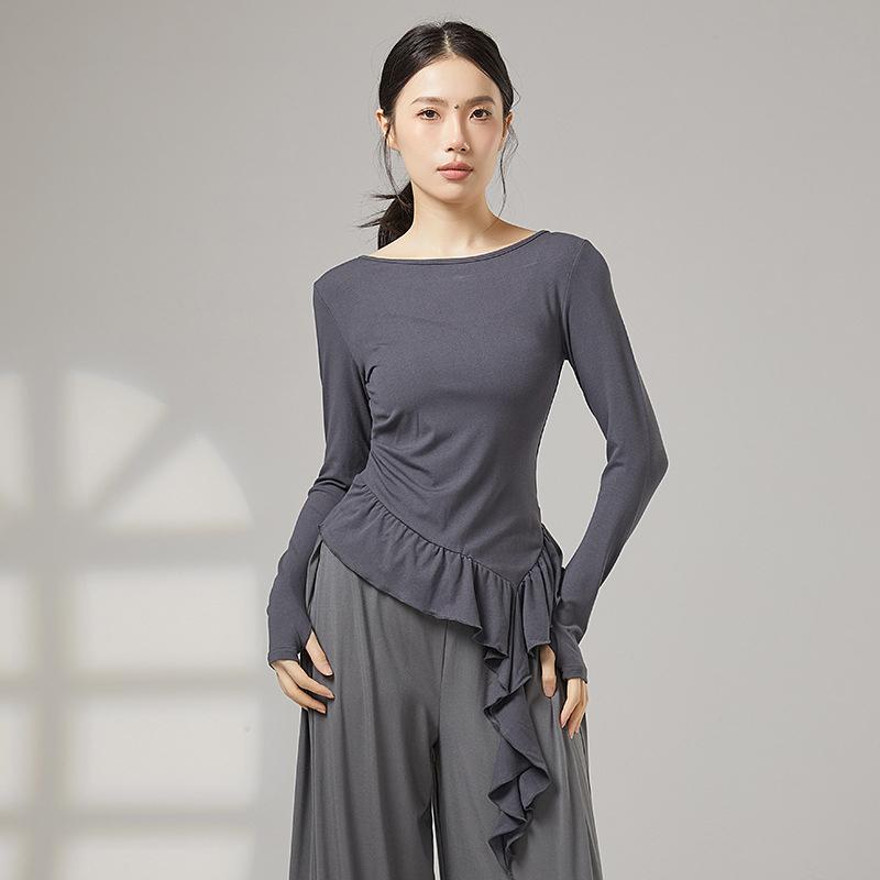 Women Classical Dance Practice T-Shirt Finger Long Sleeve Breathable Adult Falbala Modern Dance Costume Performance Clothes S