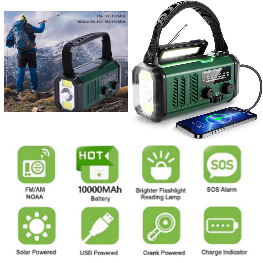Portable  Solar Hand Crank Radio AM/FM/NOAA Weather Radio with Cell Phone Charger LED Flashlight 10000mAh Emergency Radio
