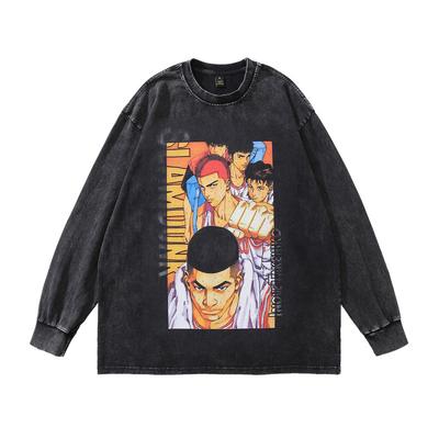 Retro Heavy Washed Crew Neck Sweatshirt Japanese Anime White Ink Direct Print Long Sleeve T-Shirt For Men And Women