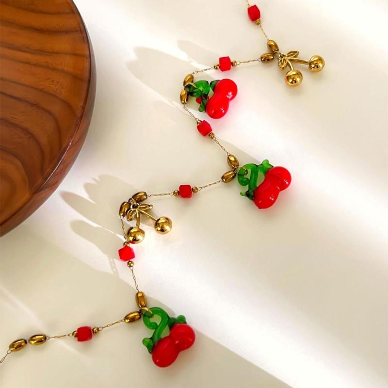 Sweet Cherry Inspired Necklace Stainless Steel Pendant Spring Summer Jewelry Gift Adjustable Chain For Daily Wear