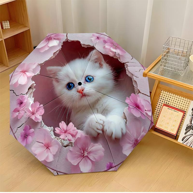 

White Cat in Pink Flowers Printed umbrella windproof folding umbrella portable sun and rain umbrella suitable for gifting