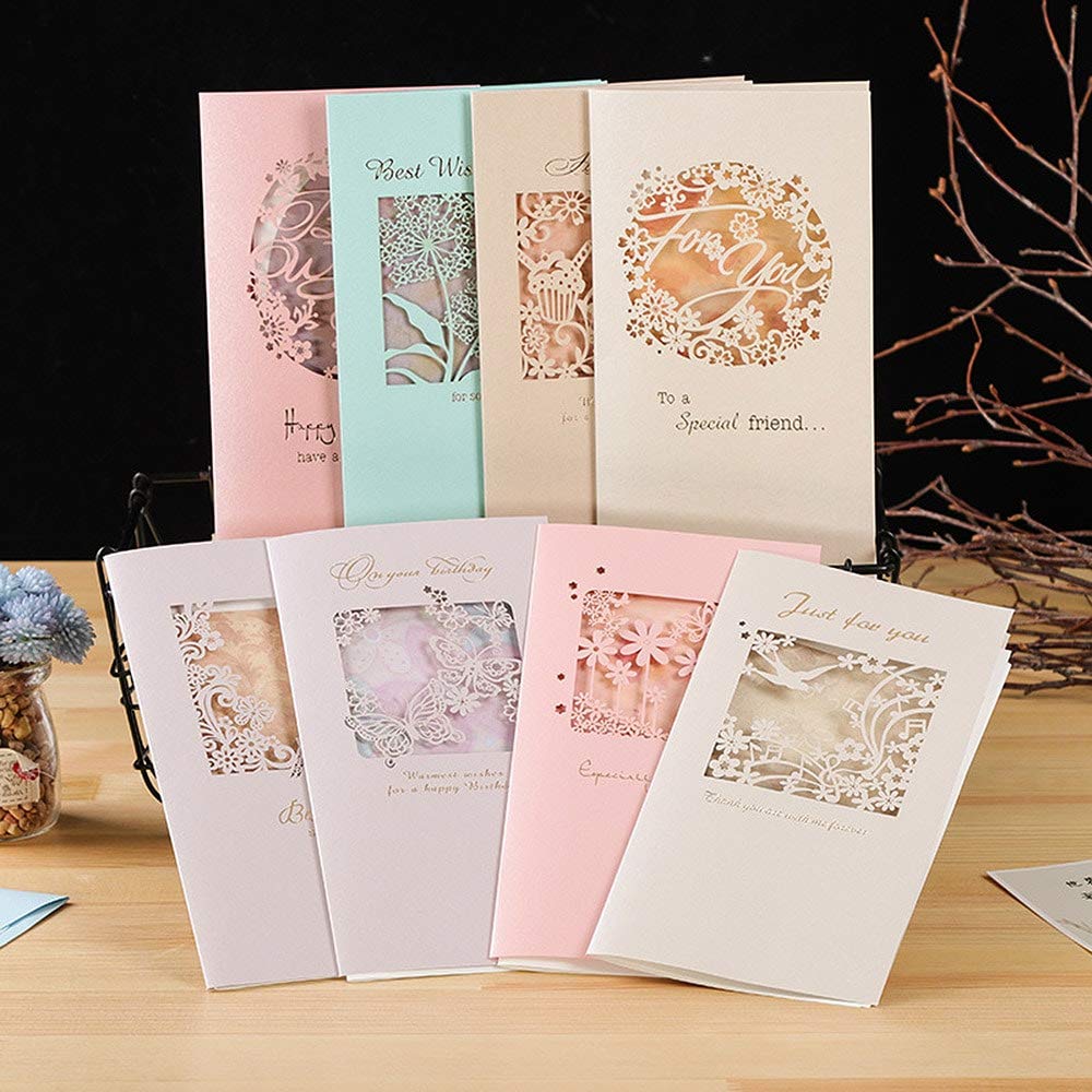 Moin Moin Message Birthday Shadow Eiffel Card Envelope Set of 8 Cards, Greetings, Paper-Cut Silhouettes, Pink, Blue, Yellow, Colorful, Flowers, Large,