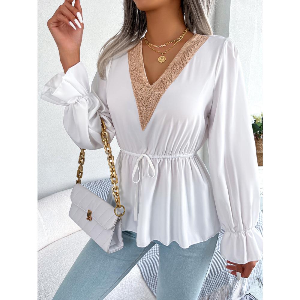 Frühling und Herbst Damen Chiffon-Hemd, langärmelig, lässig, V-Ausschnitt, Spitze, Schnürung, Taille, Rüschen, Chiffon-Hemd, Tops