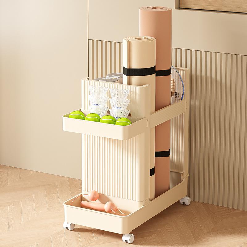 Movable Storage Rack for Yoga Mats, Fitness Gear, and Badminton Equipment