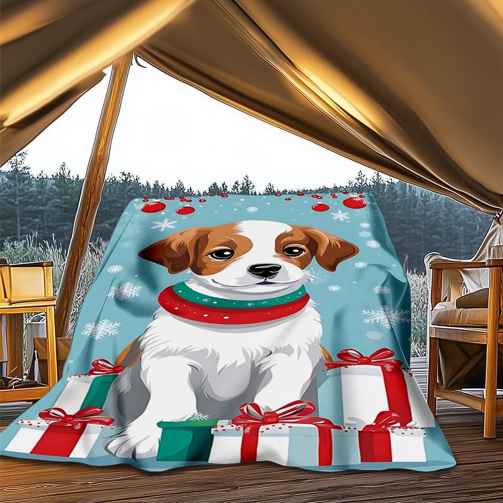 1pc Christmas dog Outdoor Flannel Blanket , Machine Washable Perfect Gift for Birthday , Holiday Travel Accessory , Durable Material