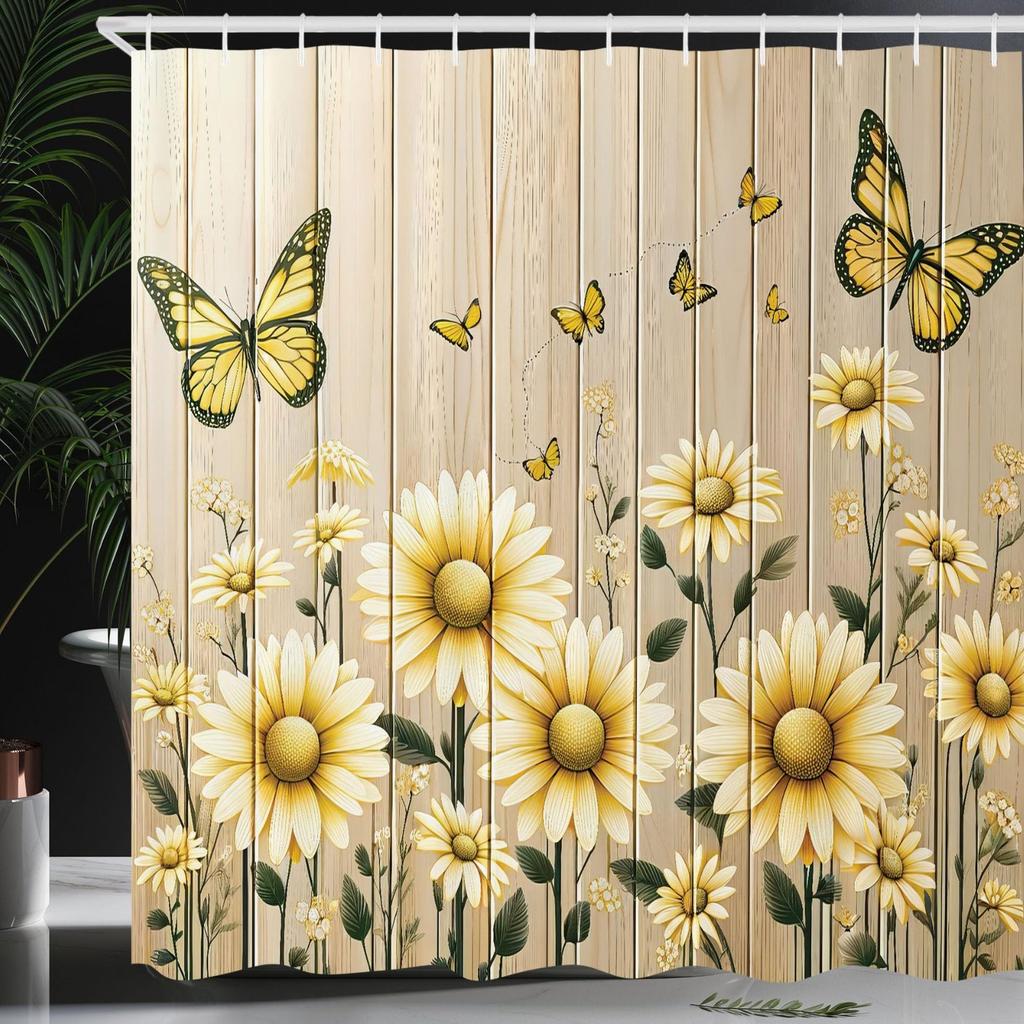 Wooden Background Daisy Butterfly Shower Curtain Machine Washable All Season Waterproof Privacy Protection Rustic Design Natural