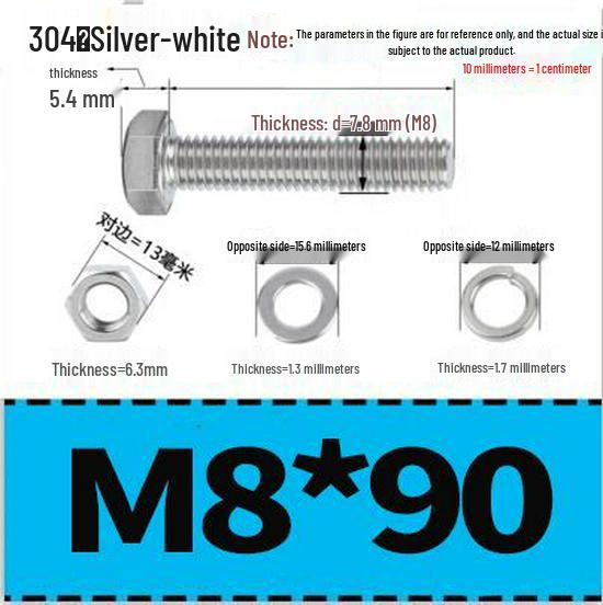 304 Stainless Steel Hex Head Bolt and Nut Set M6-M14, Lengths 8-100mm