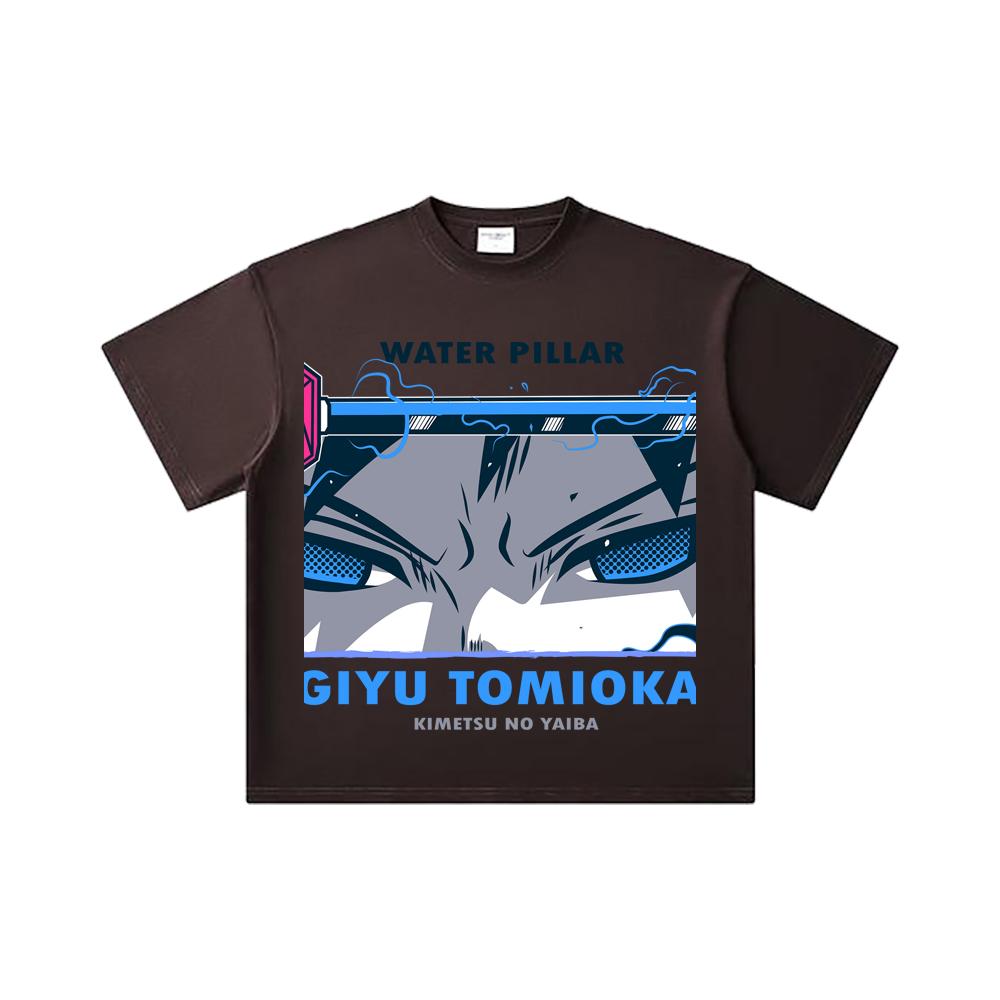 260 GSM Çift İplik 32 Numara %100 Pamuk Demon Slayer V10 Tomioka Baskılı Unisex Ağır Pamuk Tişört