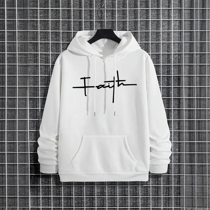Male Trendy Casual Hoody Faith Print Pullover 2025 Iconic Streetwear Hoodies for Men Urban Fashion Hip Hop Hooded Sweatshirt