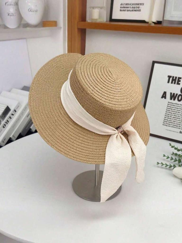 Womens Straw Sun Hat With Bow Ribbon For Beach Summer Outdoor