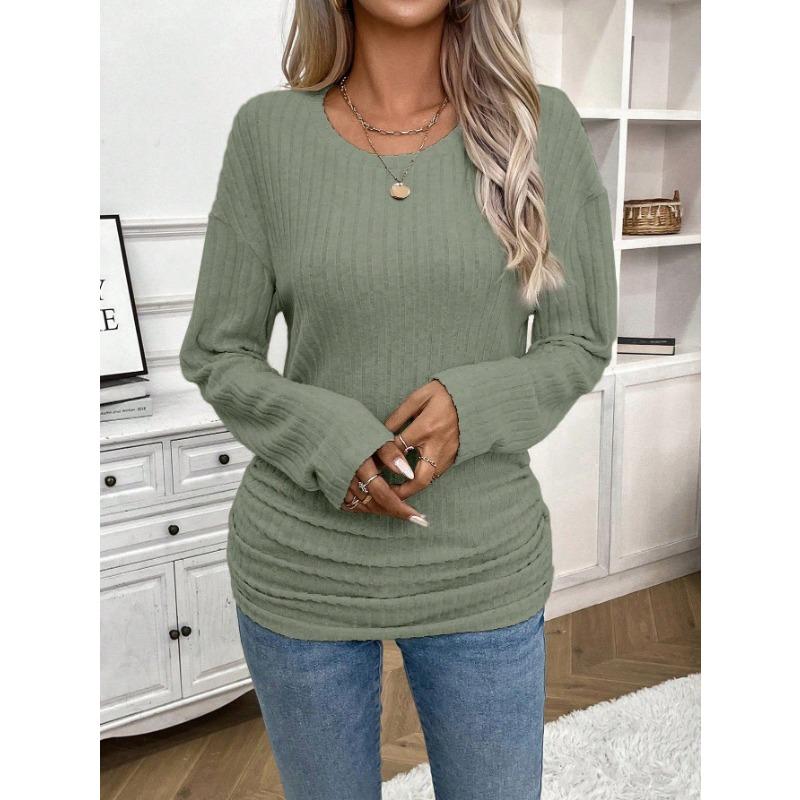 Women's Fashion Casual Spring Fall Solid Color Print Long Sleeve O-Neck Blouses & Shirts