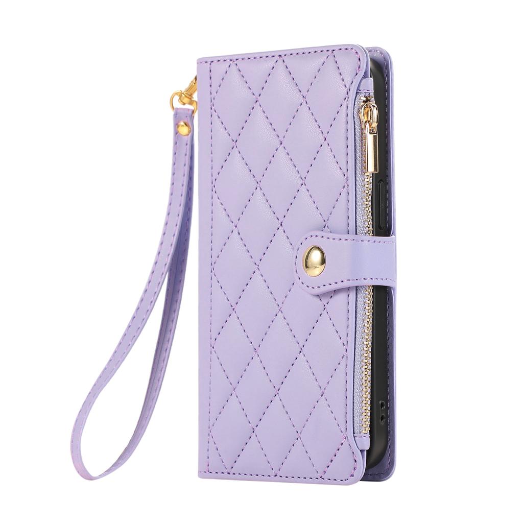 For iPhone 15 Case Multi Card Slots Zipper Rhombus Leather Phone Cover with Wrist Strap