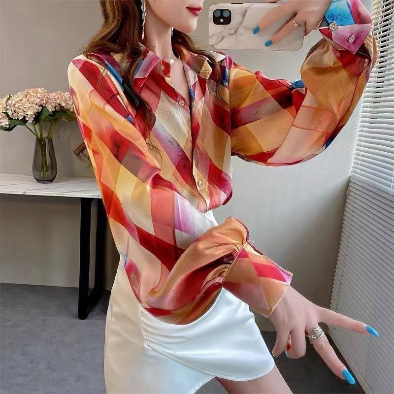 Retro Women's Printed Shirt Slim-fit Lantern Sleeve Floral Shirt Collared Chiffon Shirt Spring