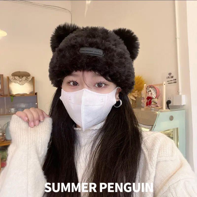 Women's Soft Bear Ear Plush Hat - Large Head Fit, Autumn/Winter Warmth, Sweet Loose Style, Ear Protection