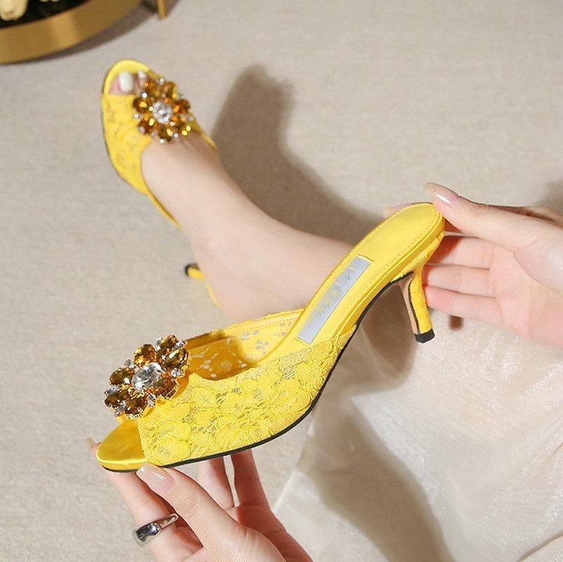 Fashion Women'S Summer Rhinestone Lace Round-Toe High Heels, Mesh Fabric Breathable Rhinestone Thin Heel Sandals