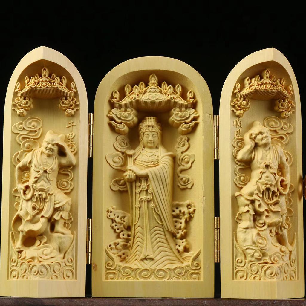 Folding Box Buddha Statue Ornament Guanyin Sculptures, Collapsible Sculpture God of Wealth Crafts Office Home Bedroom Decoration