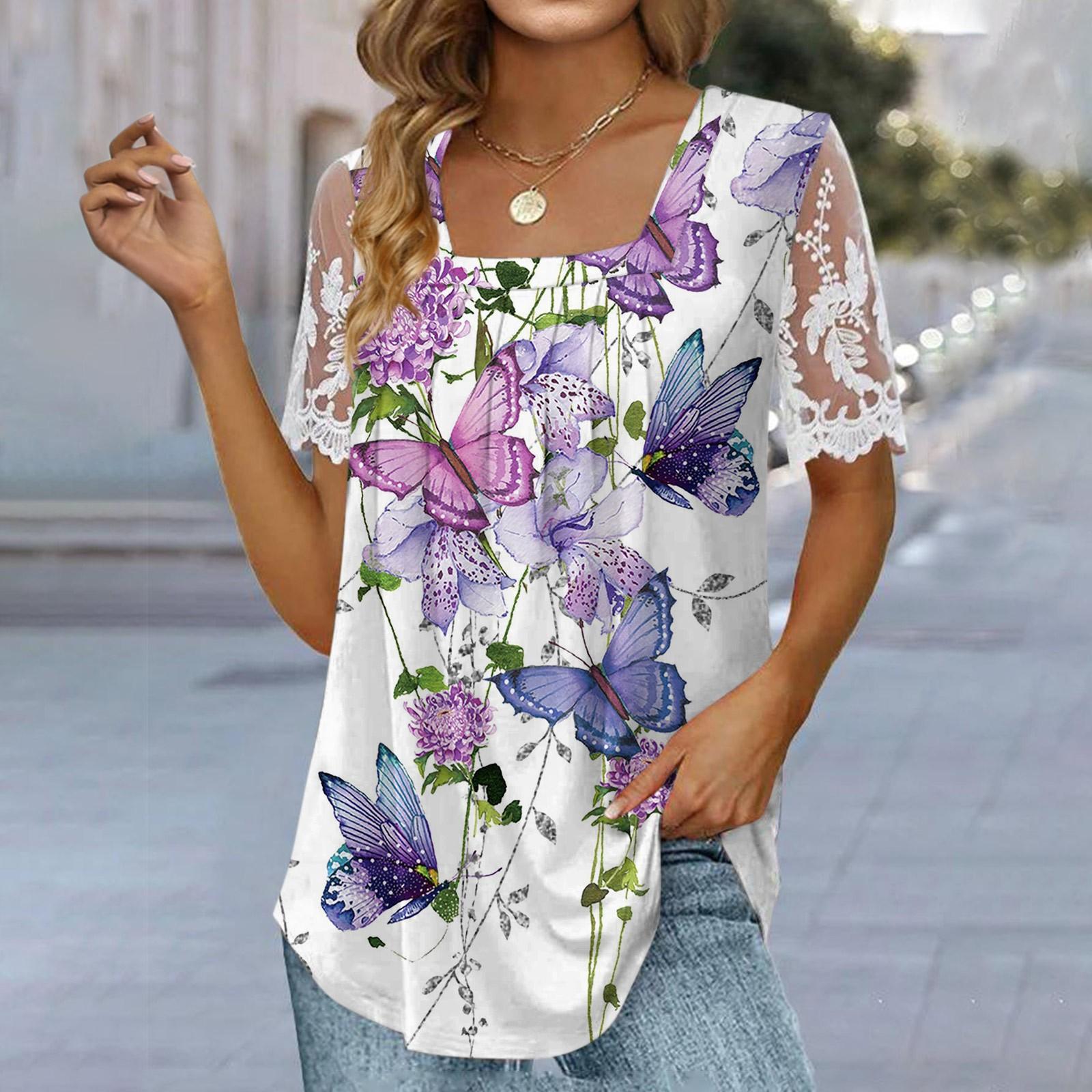 

Женская плиссированная кружевная футболка с квадратным вырезом и коротким рукавом, топ с принтом бабочки S фиолетовый