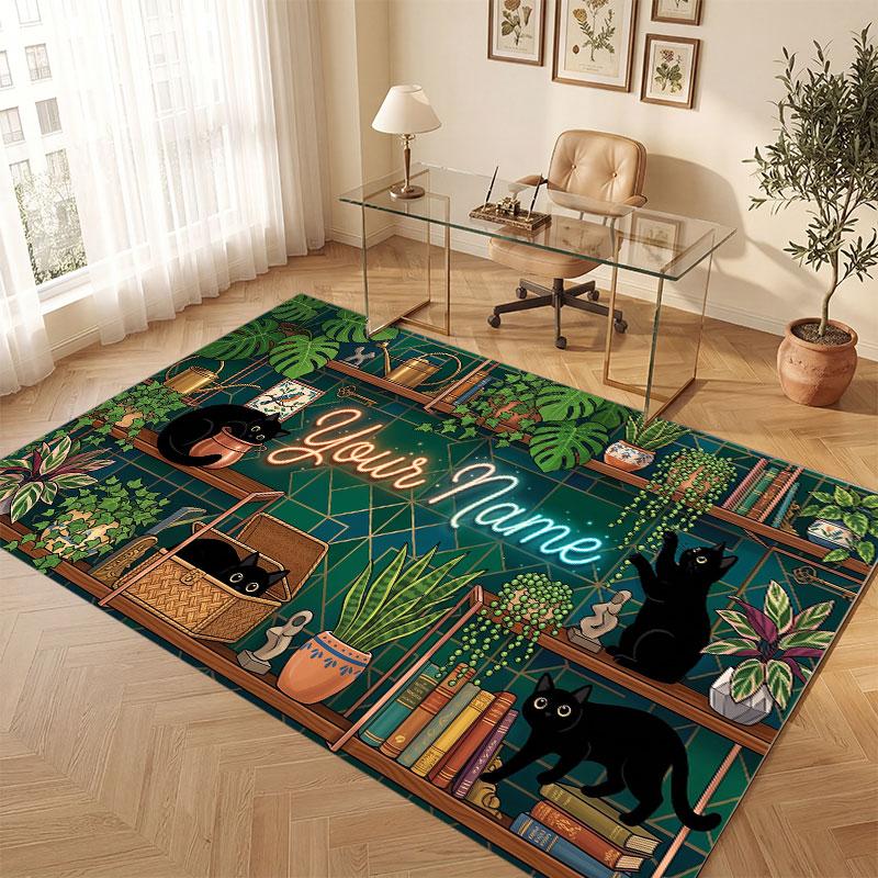 Cat Theme Crystal Velvet Floor Rug Personalized Custom Name Text Warm Carpet Home Decoration